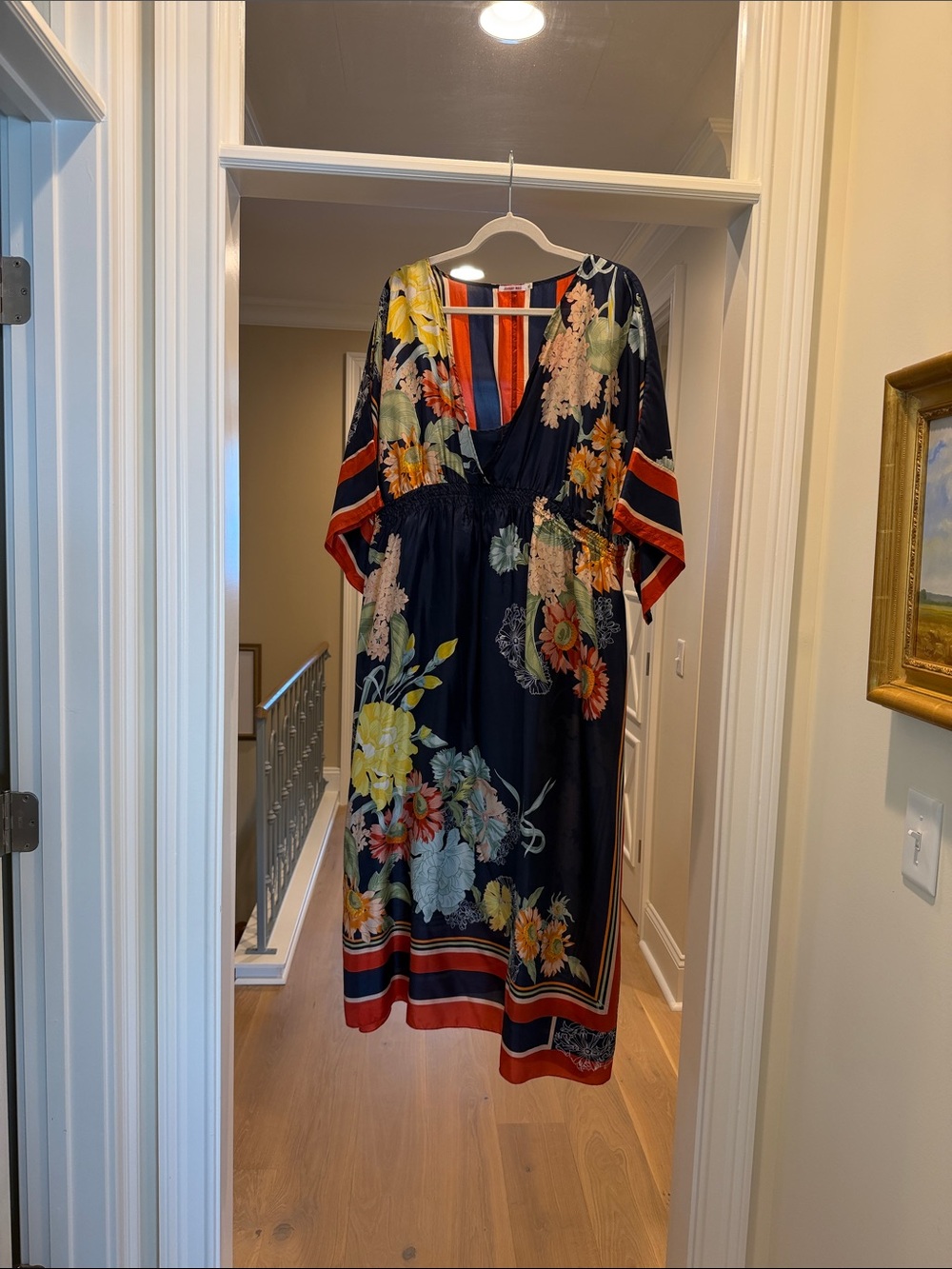Johnny Was silk Floral Navy V-Neck dress with Red Trim and matching silk slip